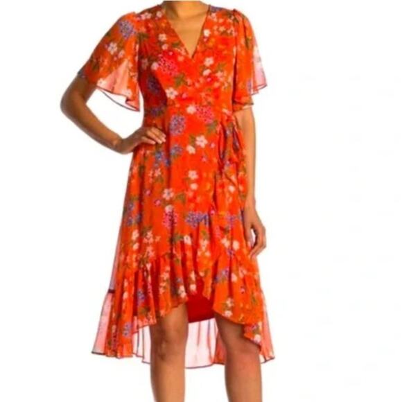 Calvin Klein Floral Chiffon Wrap Midi Dress Flutter Sleeves Ruffle Hem Orange 14 - Picture 1 of 13